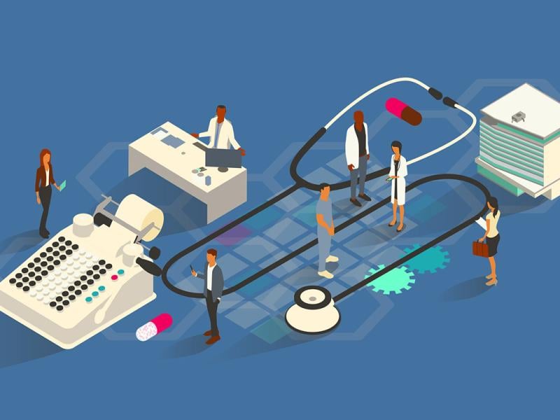 Figures and large health care icons