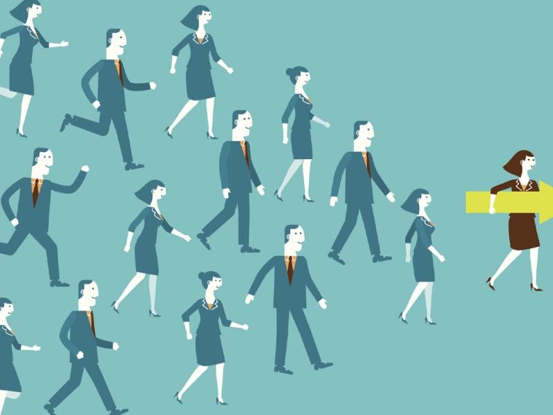 Figure holding an arrow leads a group