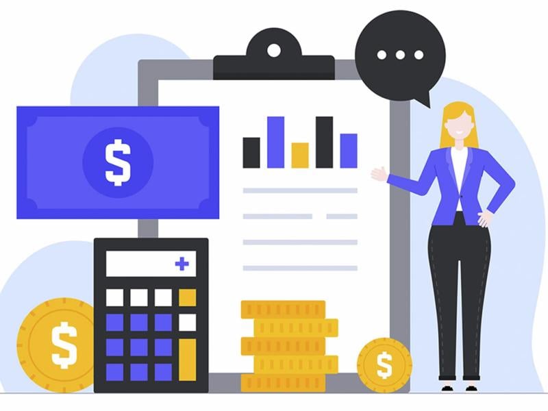 Figure stands by giant clipboard, calculator and currency