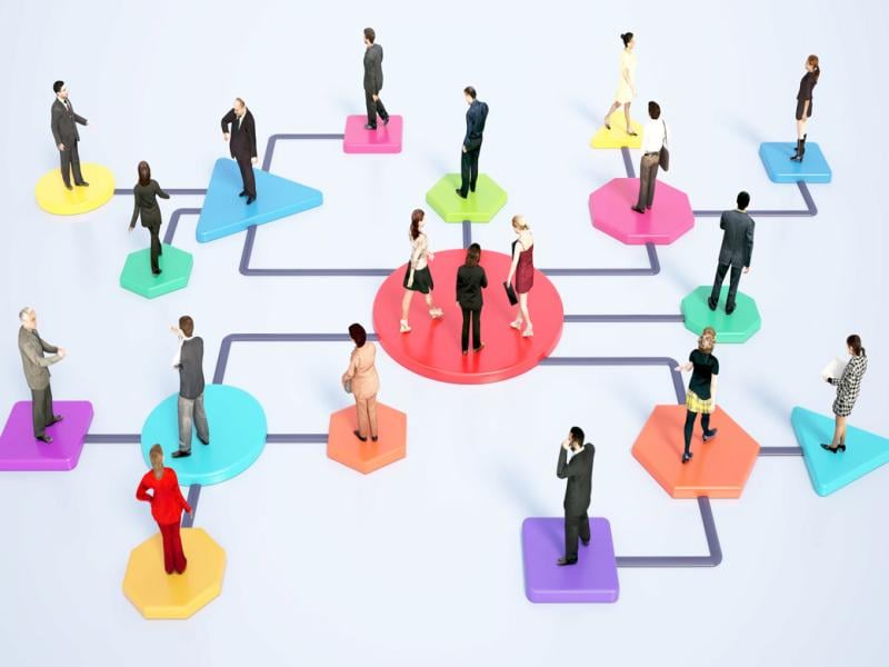 Figures stand on workflow chart