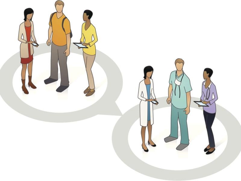 Three people as students in one circle, and as doctors in a second circle