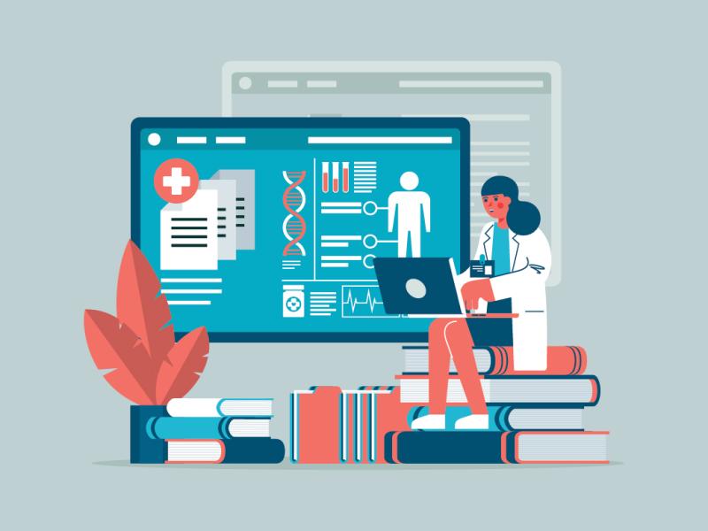 Figure sits on a stack of books alongside health data