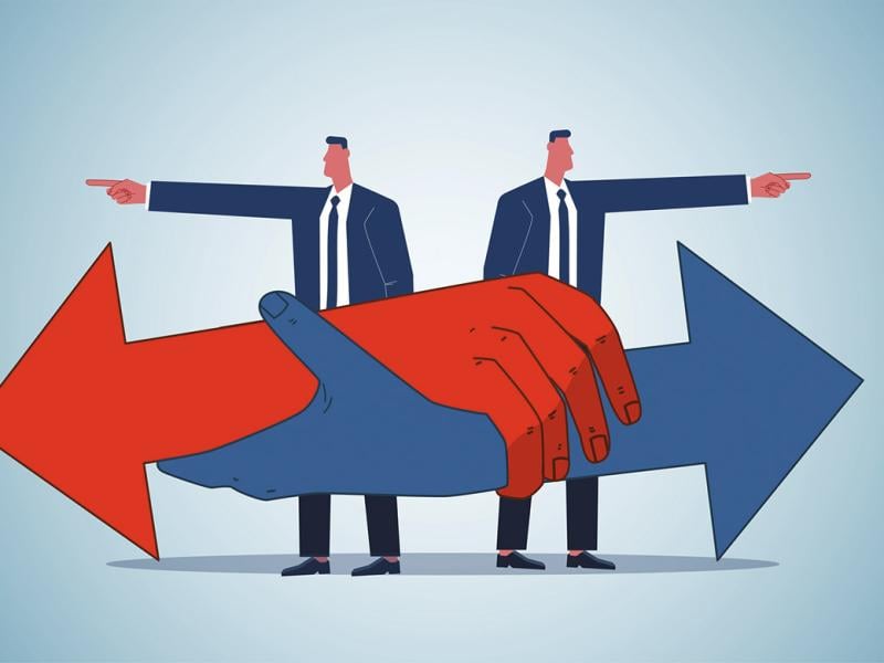 Hands and figures pointing in different directions
