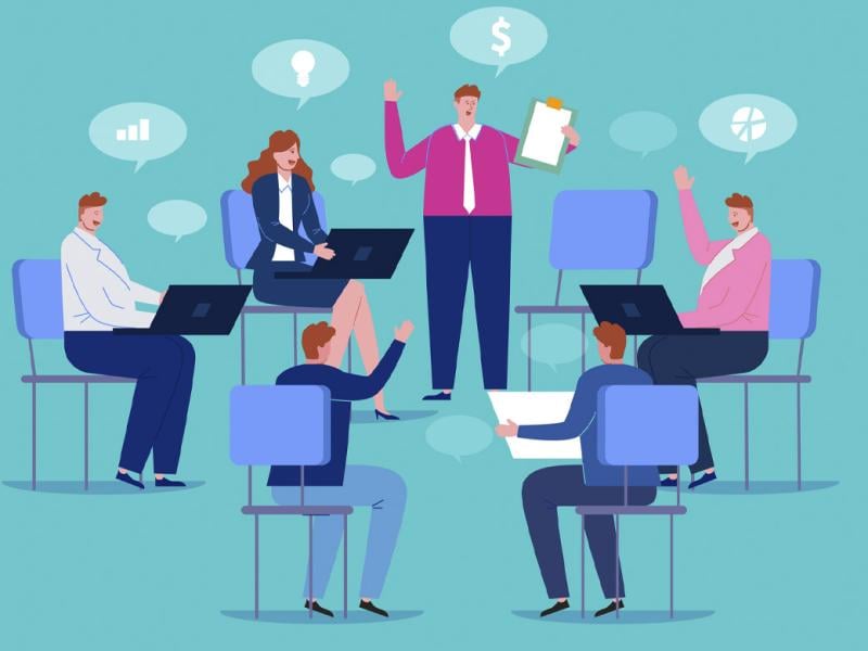 Figures collaborate in a circle with business icons above