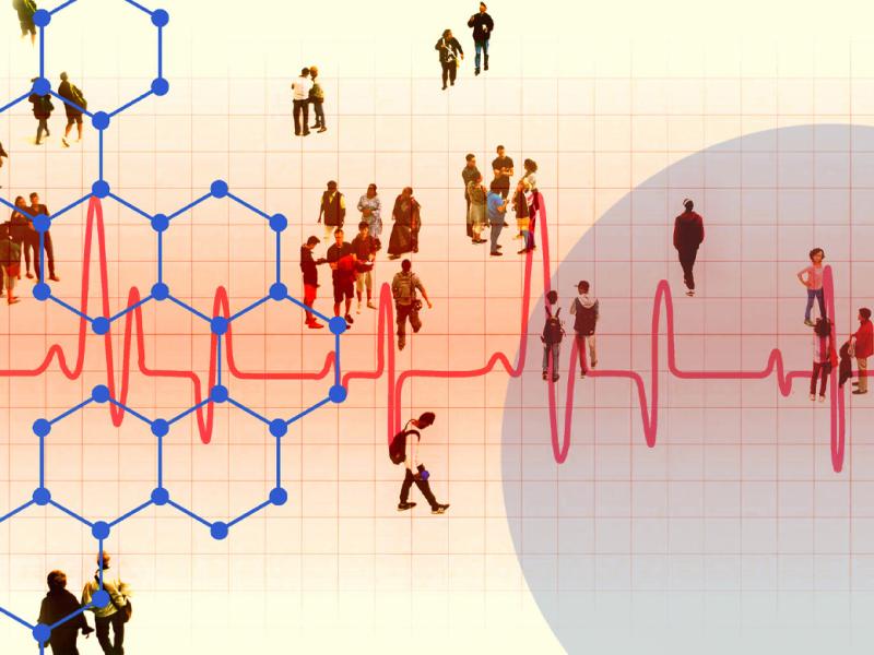 People and heartbeat graph with hexagons