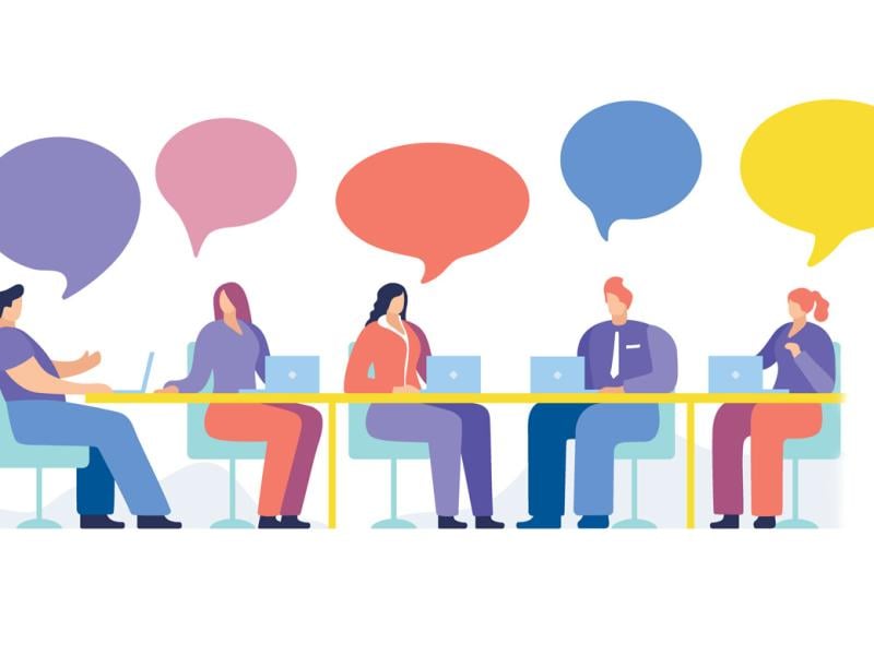 Group of people with speech balloons over heads