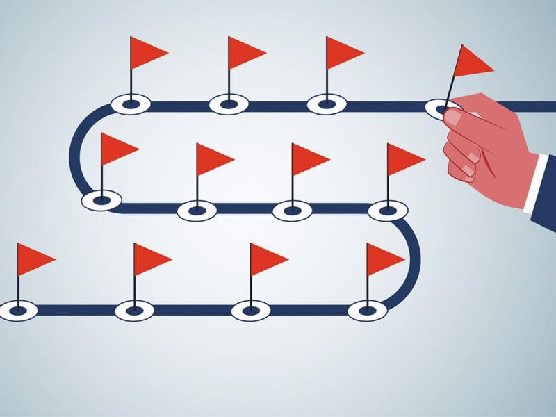 Winding road with red flags