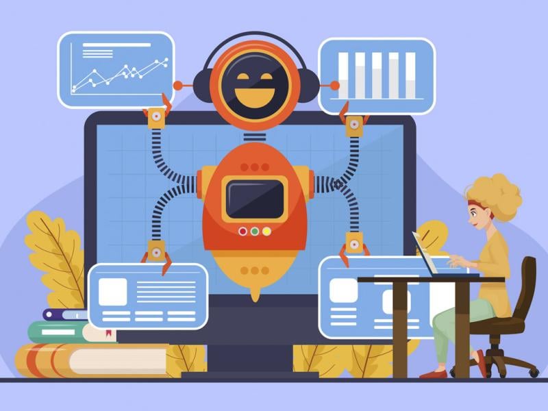 Figure at a desktop accompanied by robot