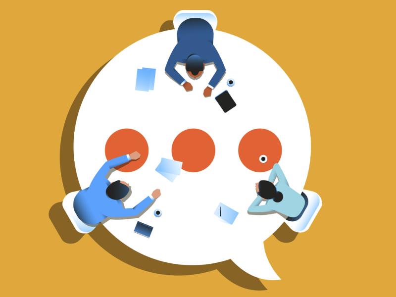 Figures sit at a table shaped like a speech balloon
