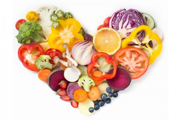 Fruit and vegetables arranged in a heart shape