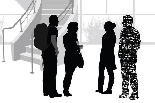 Shadow illustration of four college students standing around talking, with one of the students scribbled out