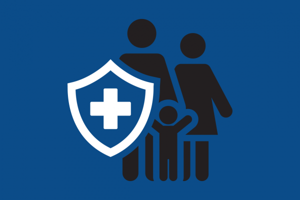 Illustration of a family behind a medical shield.