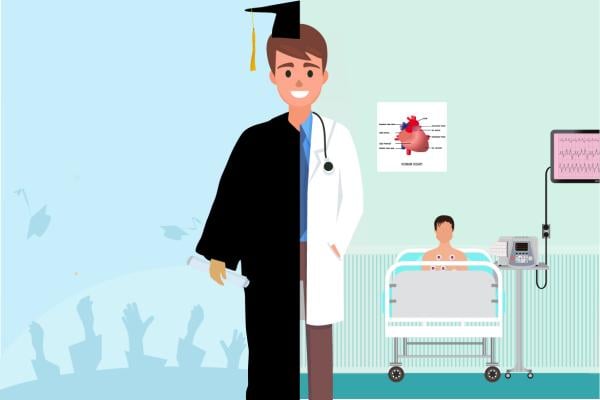 Illustration of graduate wearing half of a graduation gown and half of a doctor's coat.