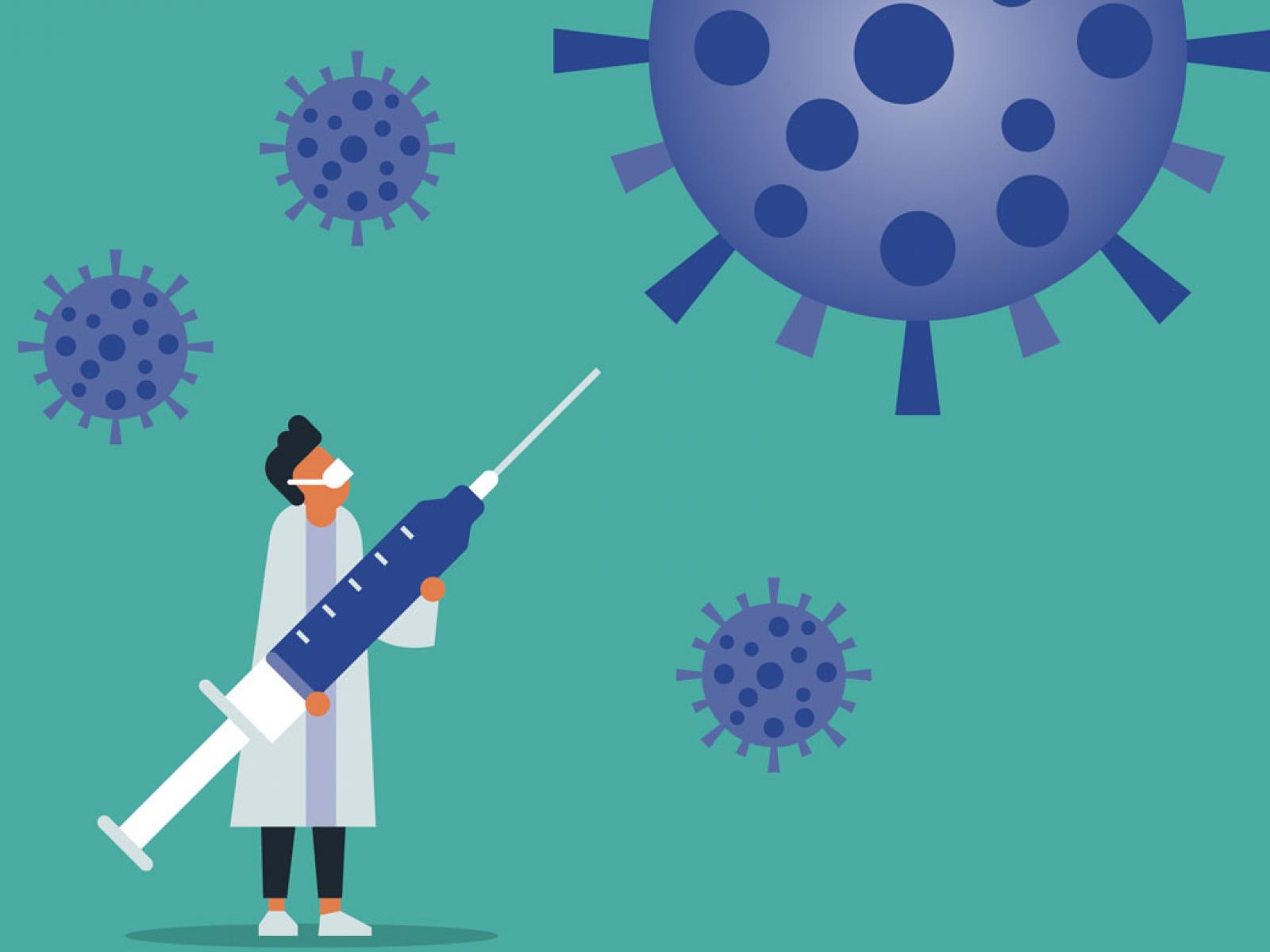 Physician fighting off giant coronavirus cells 