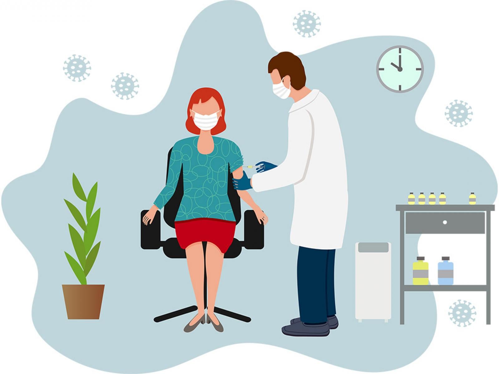 Illustration of a physician standing up and administering a vaccine to a patient sitting in a chair; both of them wearing masks