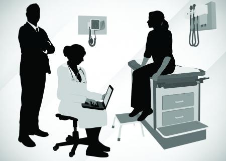 Doctor and patient in exam room with man looming in background
