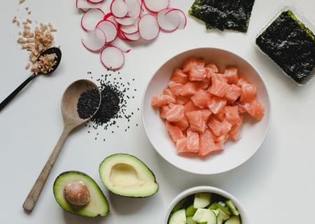 Various vegetables and raw fish