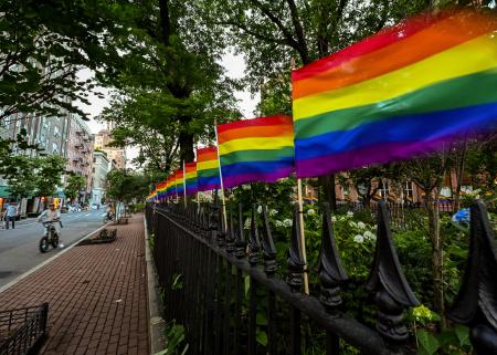 Rainbow flags lined up in a row