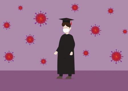 Graduate in cap and gown surrounded by coronavirus cells