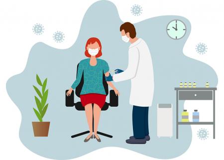 Illustration of a physician standing up and administering a vaccine to a patient sitting in a chair; both of them wearing masks