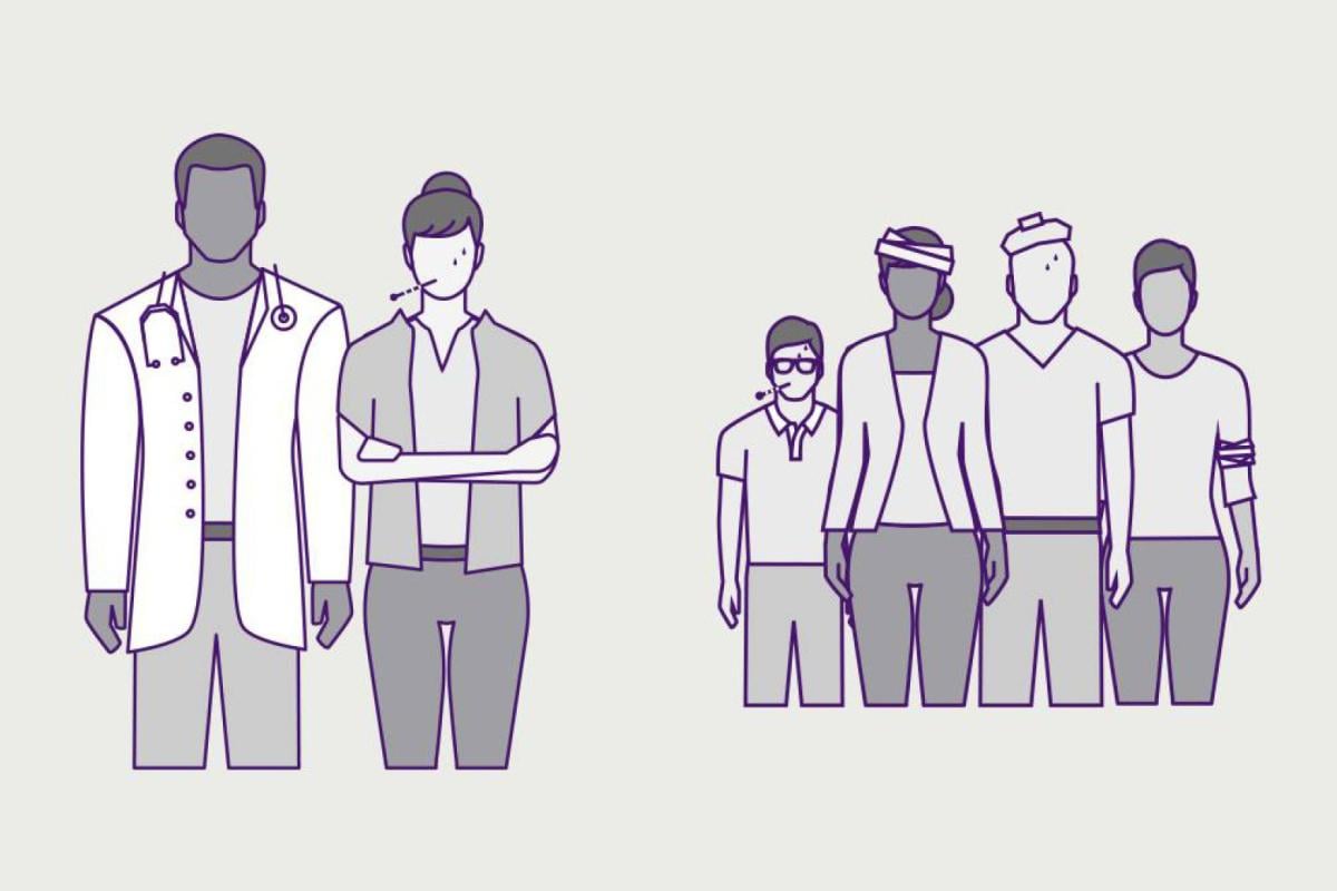 Illustration of doctor standing with a group of sick patients