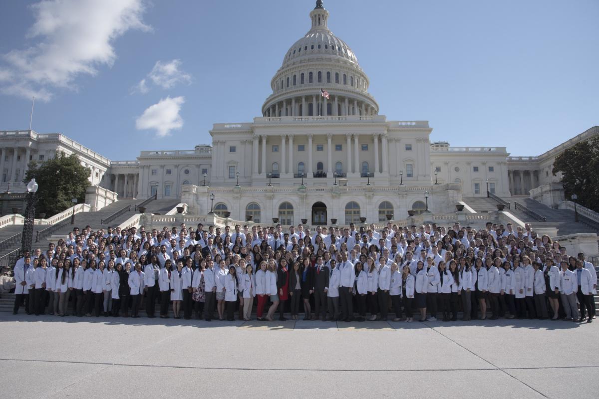 A photo of a large group of physicians at the Capitol Building in Washington, D.C.