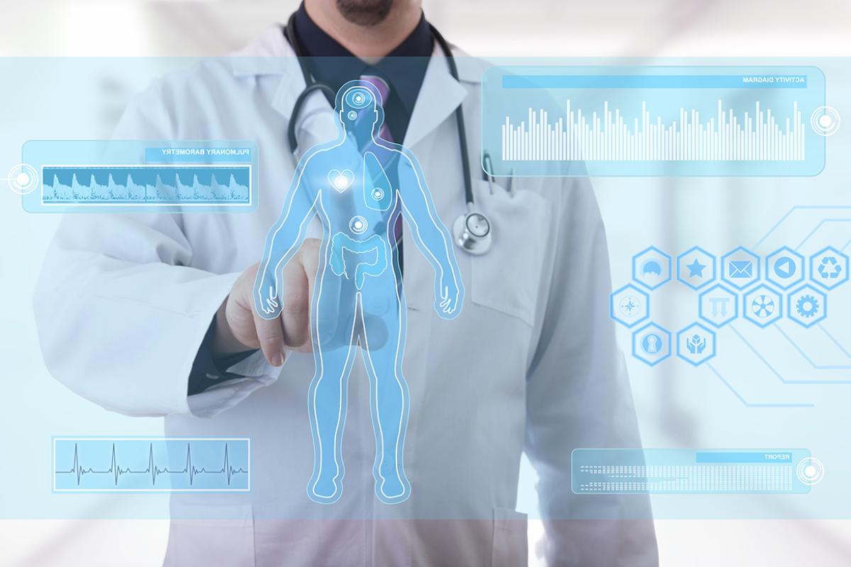Augmented intelligence (AI) hologram and physician pointing to screen displaying graphs