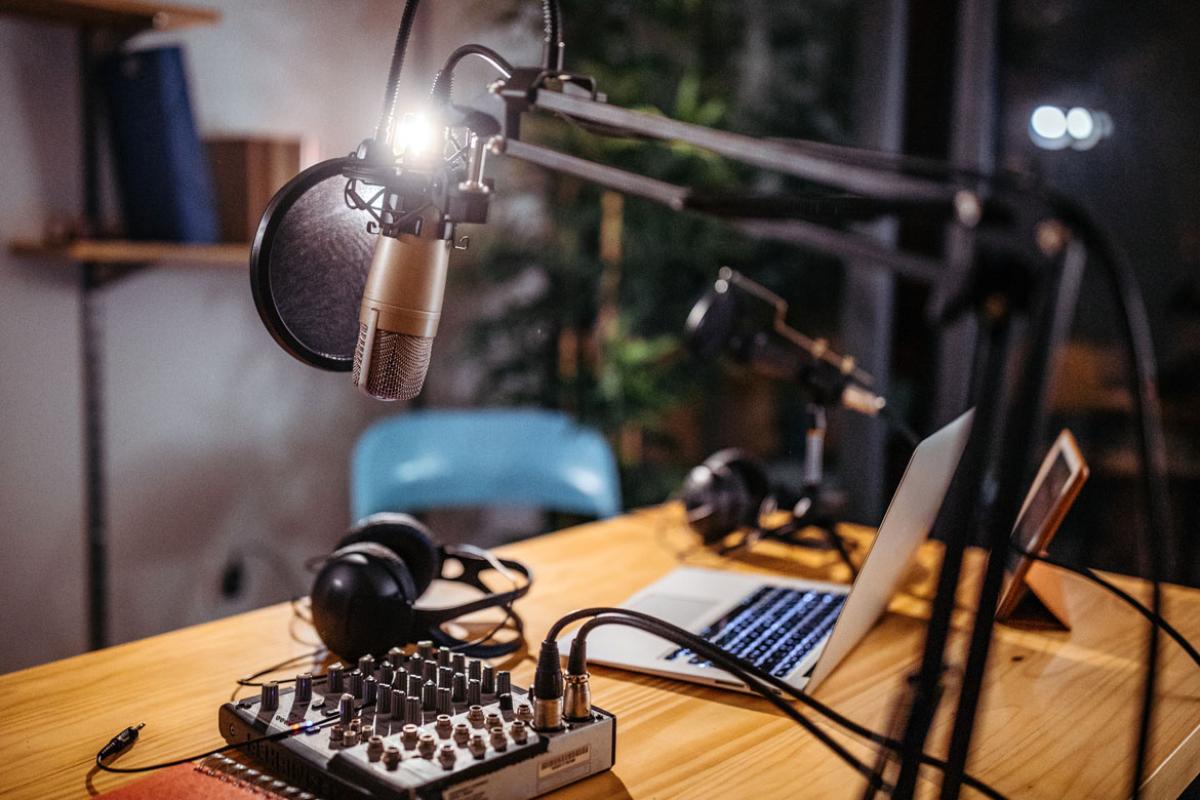 Podcast recording equipment on a table