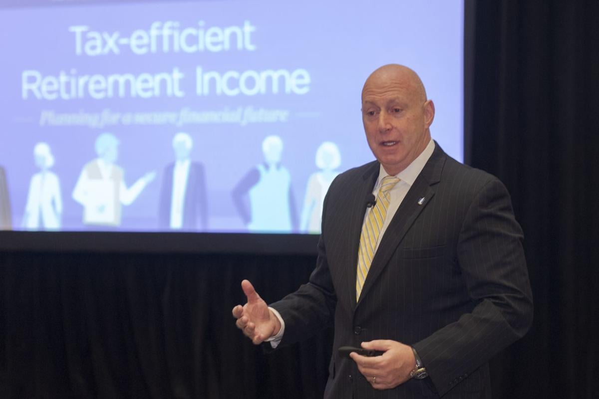 Tax-efficient Retirement Income slide displayed during a presentation by Carlo Cordasco, vice president of Nationwide Retirement Institute