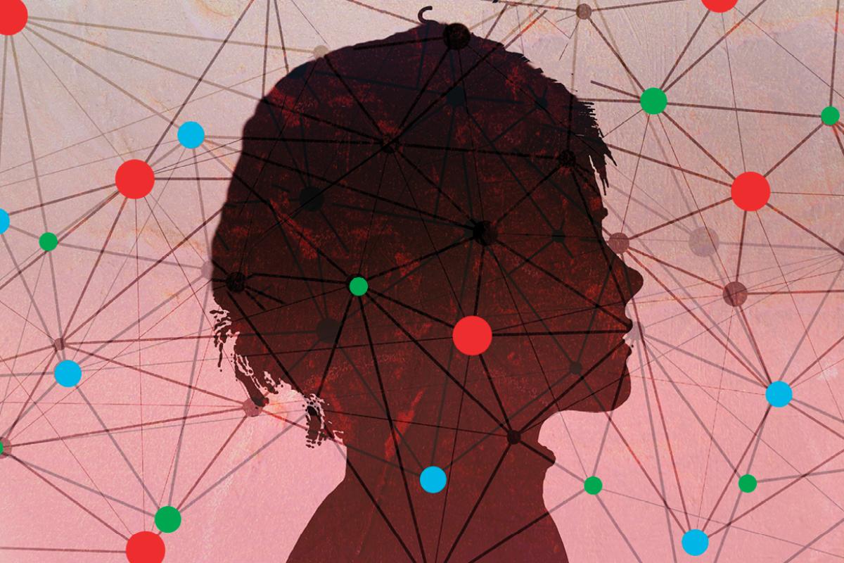 Graphic of person surrounded by a web