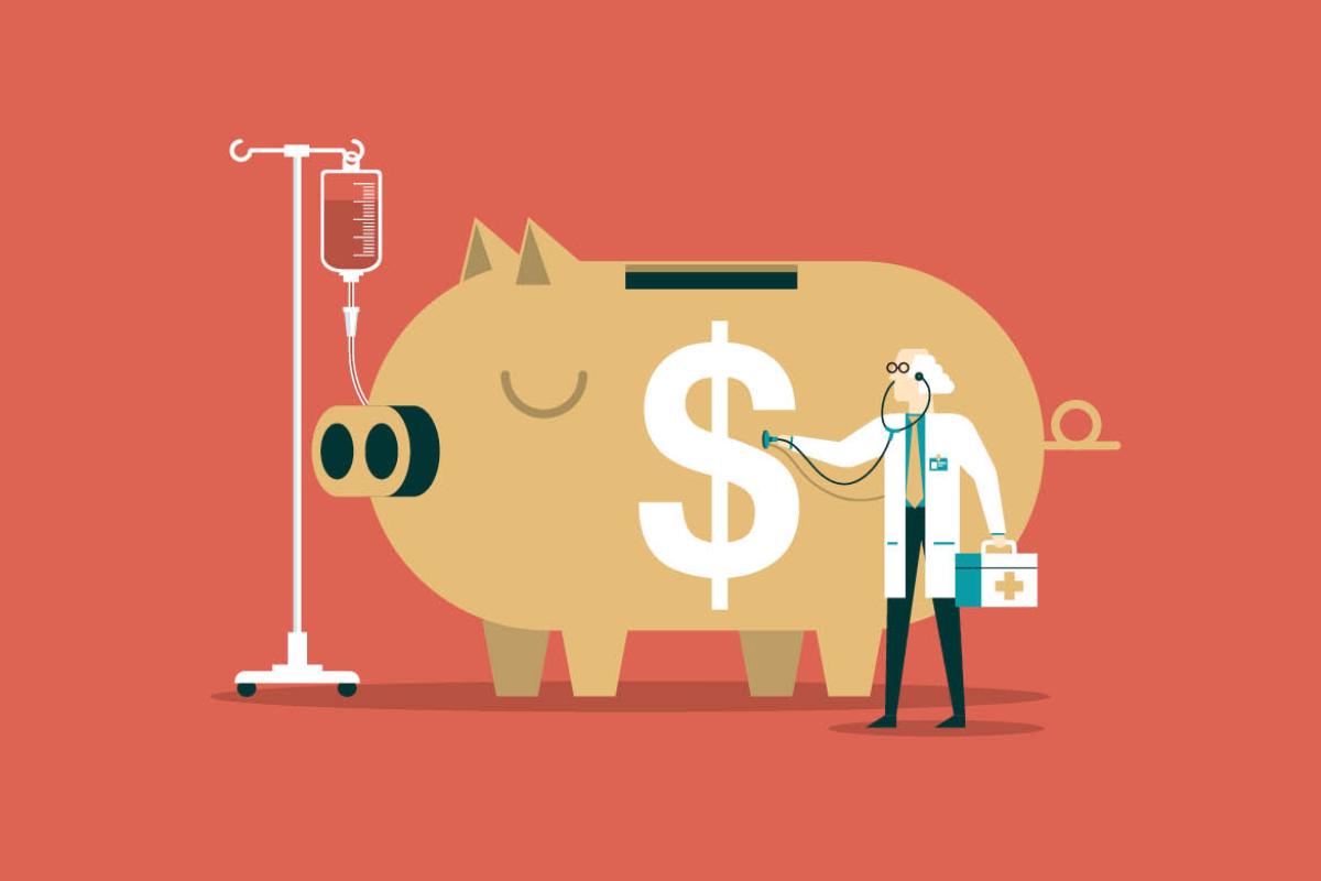 Illustration of piggy bank being examined by a doctor
