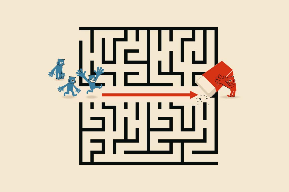 Illustration of cartoon man erasing the path in a maze