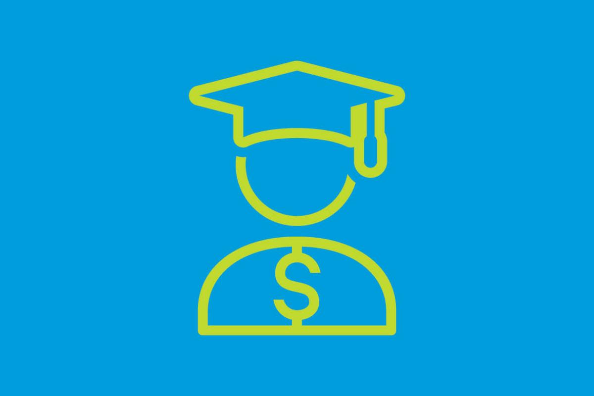 Illustrated outline of a graduate and dollar sign