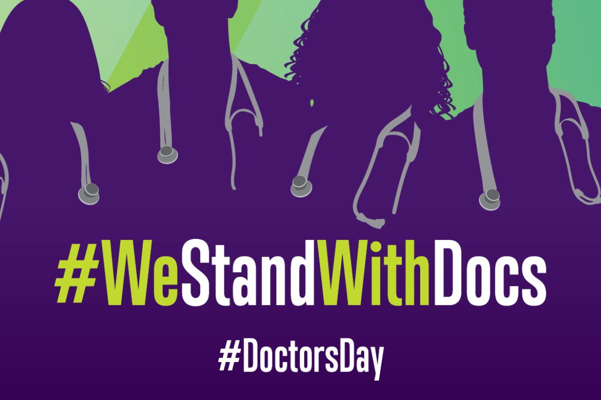 Graphic with an overlay that says We stand with doctors