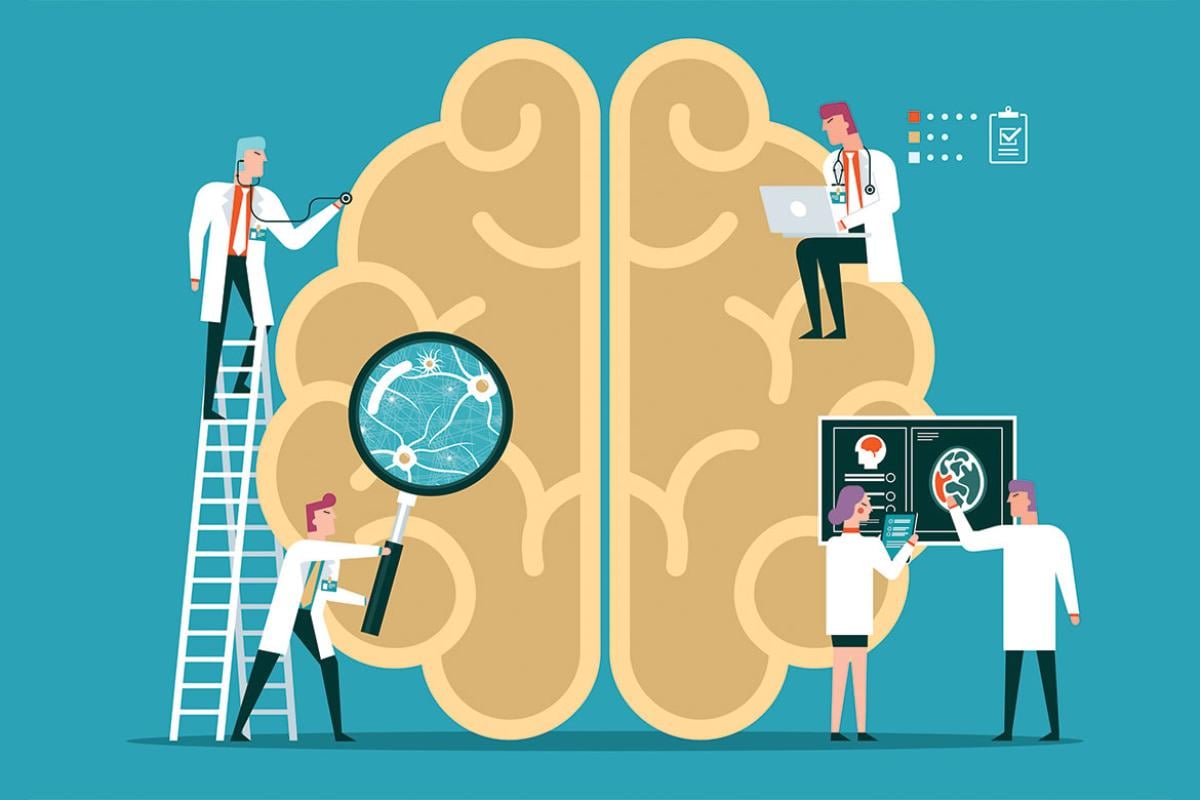 Graphic of physicians surrounding a brain