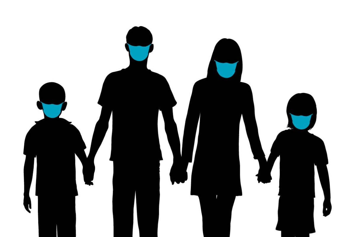 Graphic of family of four wearing face masks