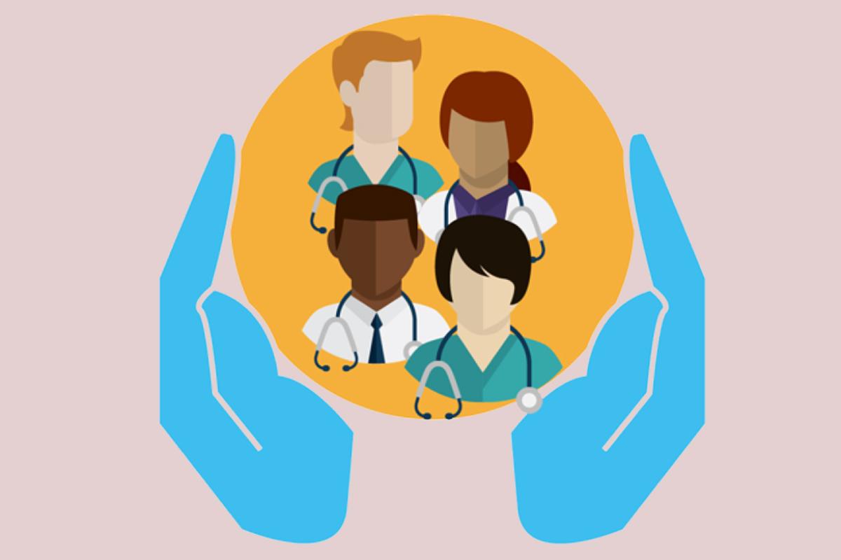 Illustration of four doctors being supported by a pair of hands