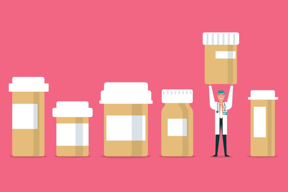illustration of tiny pharmacist holding up prescription bottle among other prescription bottles