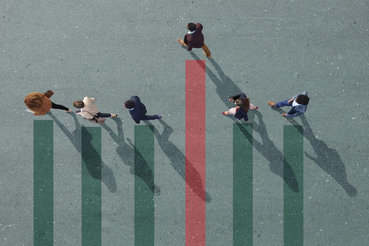 Overhead photo-illustration of several people walking, representing a graph