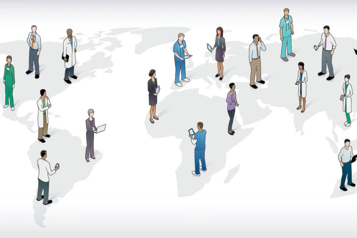 Illustration of a subtle map of the world, with heath care workers standing in different parts of the map.