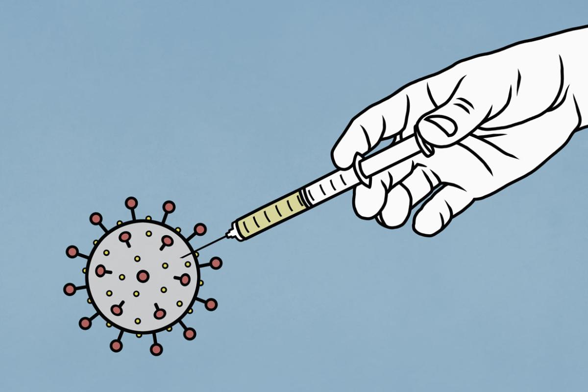 Illustration of a hand injecting a vaccine into a coronavirus.