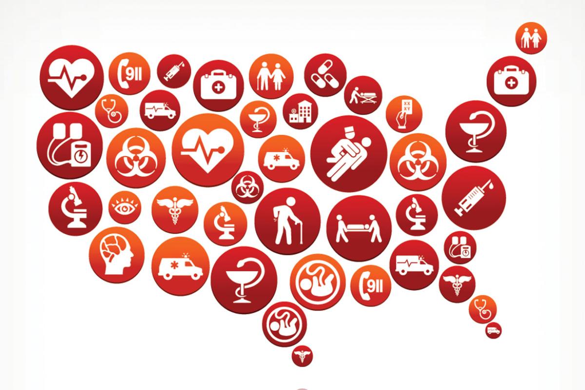 Illustration of the continental United States made up of red and white circular icons representing different aspects of medicine.