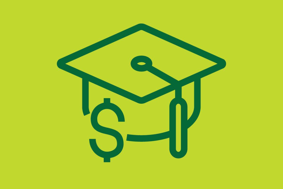 Blue line drawing of a mortar board and dollar sign against a lime green background.