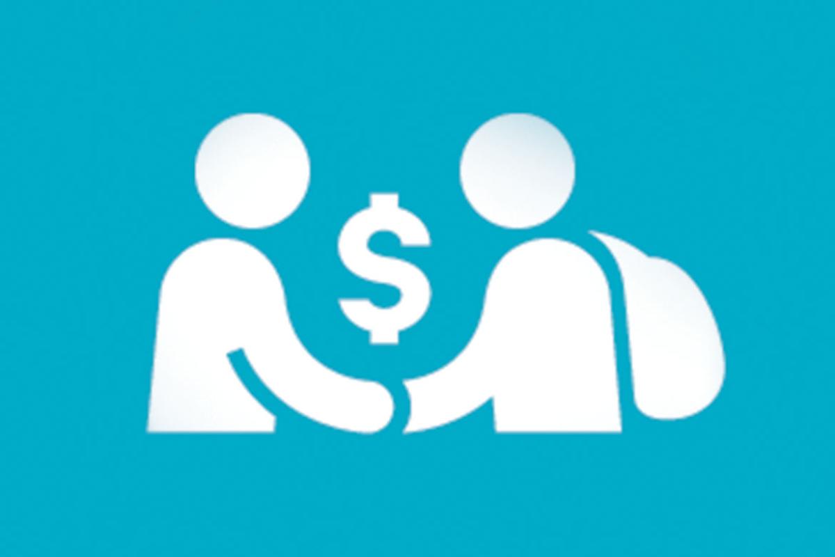 Two figures shaking hands with a dollar sign displayed between them