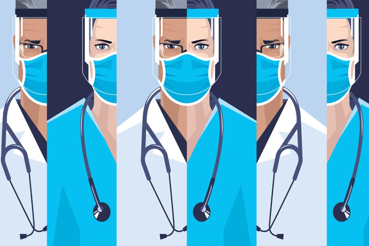 Drawing of various physicians with stethoscopes and wearing PPE, including face shields and masks.