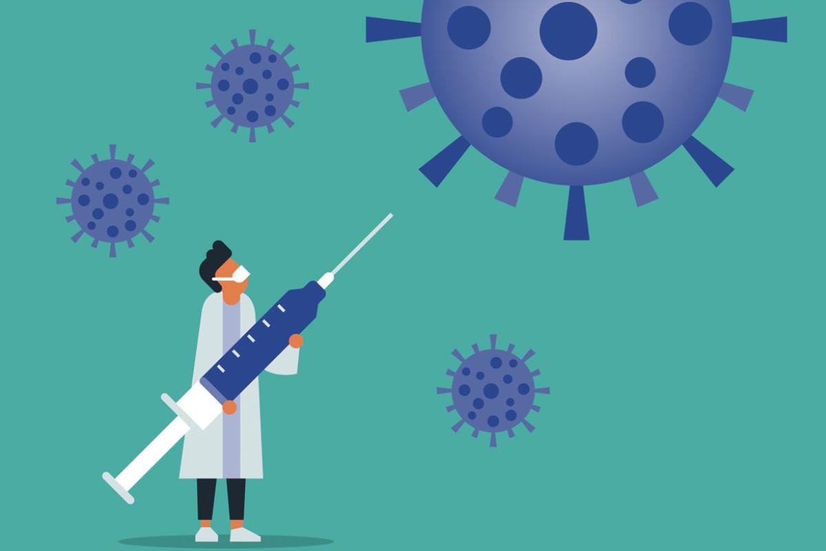 Physician fighting off giant coronavirus cells 