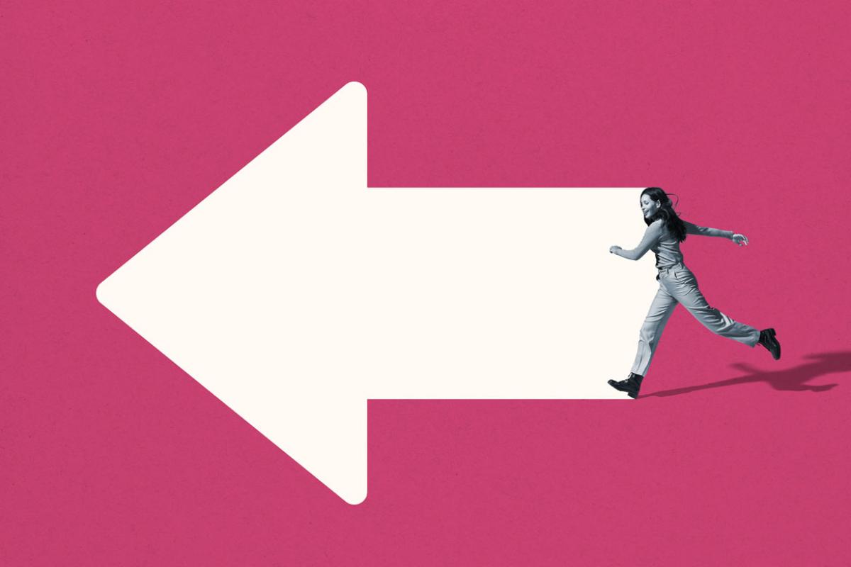 Photo-illustration of woman running into frame from the right against a giant white arrow pointing to the left set against a red background.