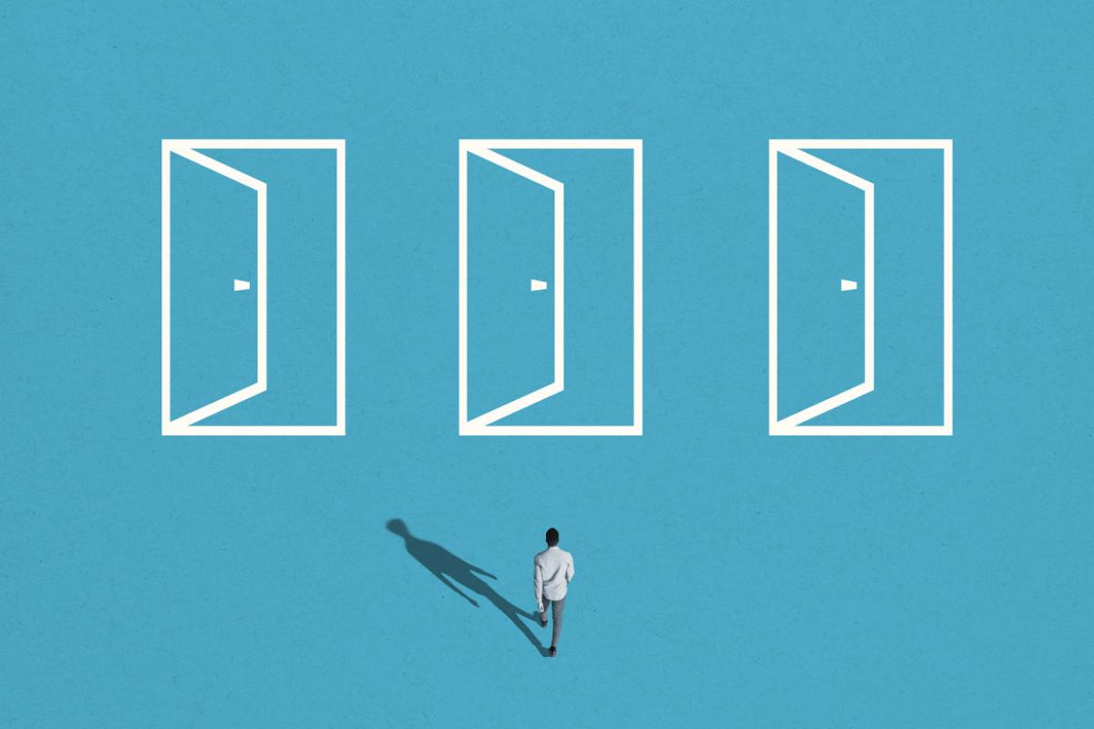 Illustration of man choosing between three doors.