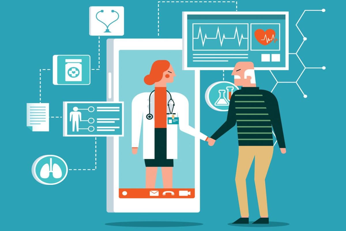 Illustration of a doctor inside a smartphone shaking hands with a patient, with examples of medical apps to assist.