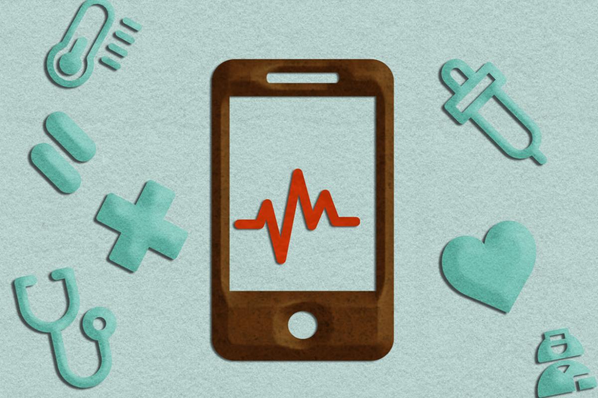 Illustration of a smartphone with a red EKG line, the smartphone surrounded by light blue icons- a stethoscope, heart, an equal sign, plus sign, needle, and thermometer.
